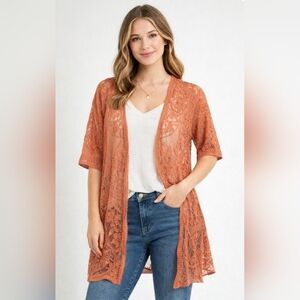 Altar'd State Lace Cardigan in Rust Brown Boho Size Large PTP 23 EUC
